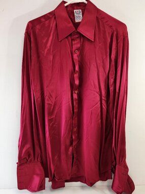 Vintage Custom Made Red/Fuschia Mens Satin Shirt Wide Collar Disco